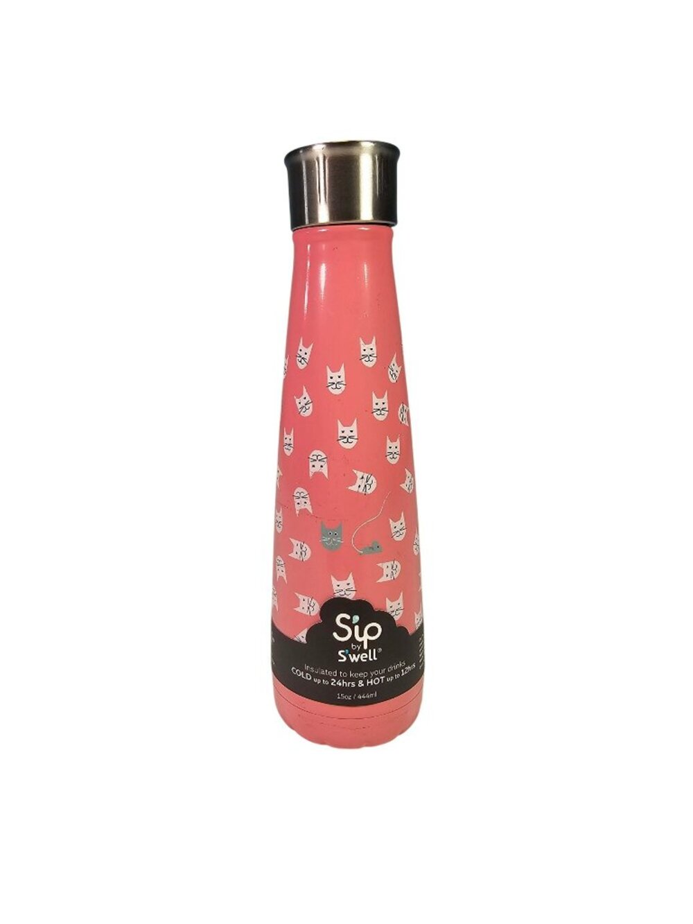 Sip By Swell 15oz Insulated Stainless Steel Water Bottle Pink Cat Kitten Print